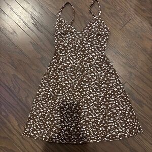 Brown cotton dress with yellow and blue flowers